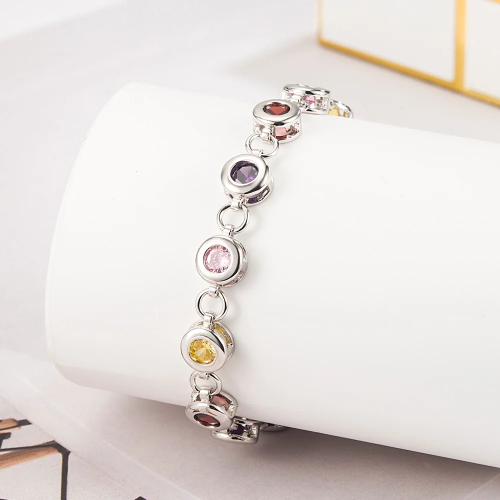 

Women Bracelet 925 Pure Silver Bracelets For Women Beautiful Round Colorful Zircon Bracelet Lady Charm Bracelet Gift