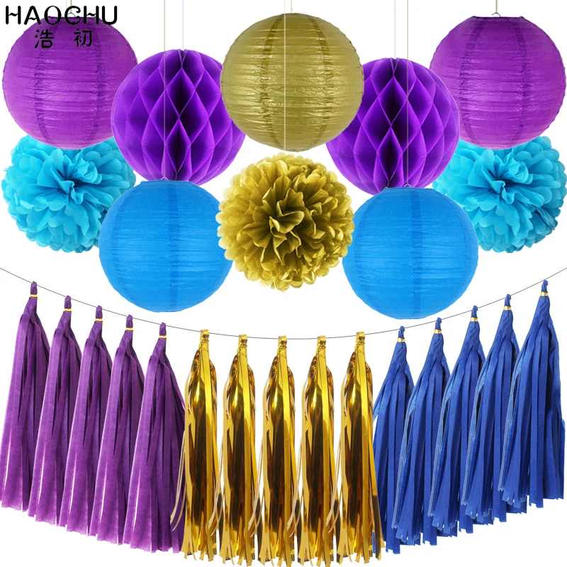 25pcs/set Gold White Round Hanging Paper Ball Lanterns Honeycomb Tissue Pom Poms Tassel Birthday Wedding Theme Party Decorations