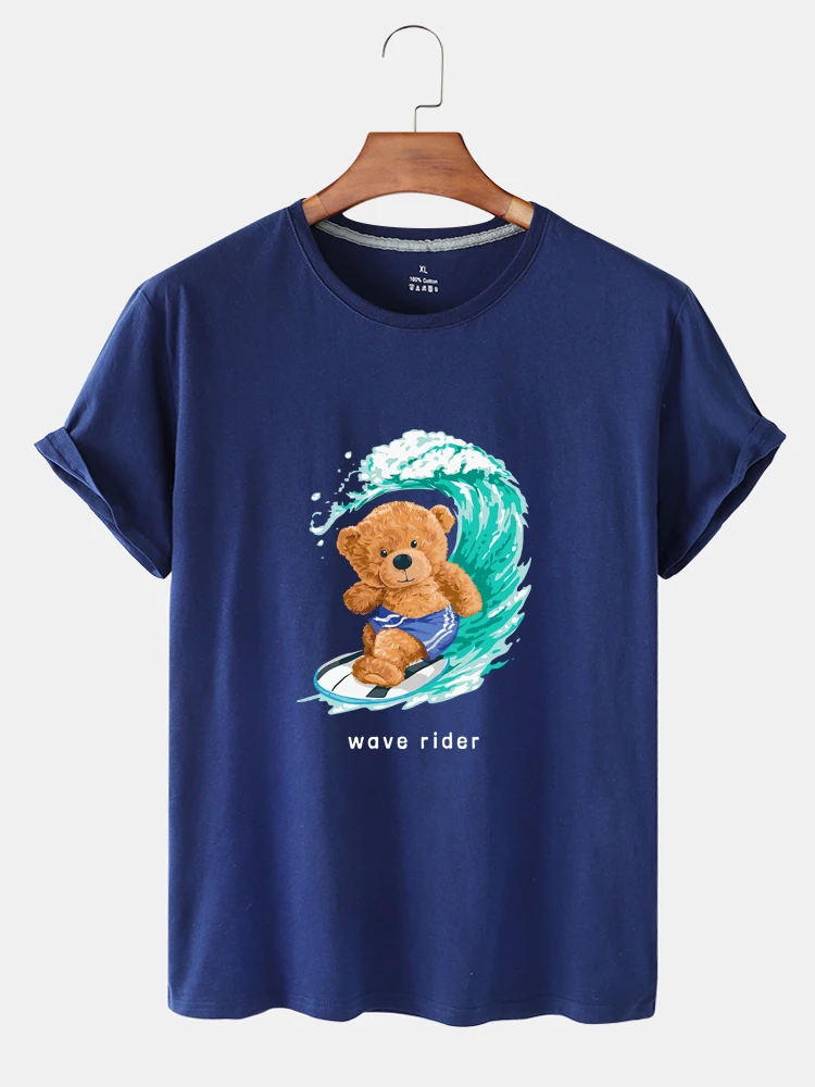 

100% Cotton Surf Bear Print Short-sleeved T-shirt Women Summer Casual Short-sleeved Unisex Oversized T-shirt Ladies Shirt S-4XL