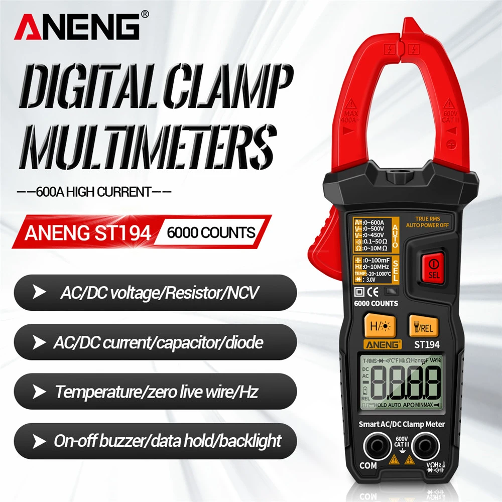 

ANENG ST194 Digital 6000 Count True RMS Multimeter Clamp Meter DC/AC Current Clamp Voltage Car Tester Hz Capacitance Ohm Tool