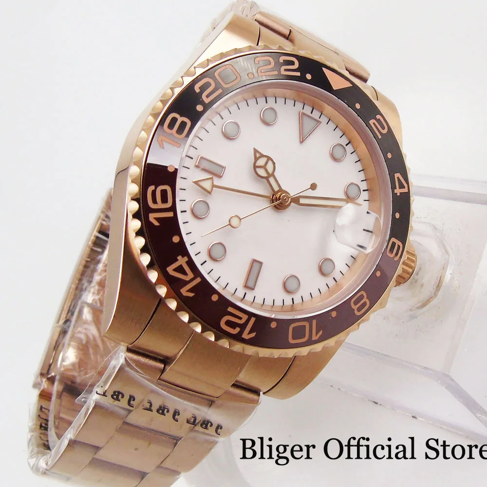 BLIGER Rose Gold Automatic Men Wristwatch Sapphire Glass Rotating Bezel GMT Hand White Dial Deployment Clasp | Наручные часы