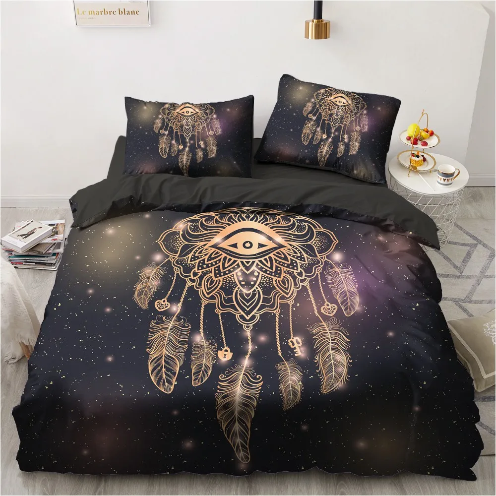 

3D Black Duvet Cover Sets Custom Design Feather Bed Pillow Slips King Queen Single Twin Size 180*200cm Bohemian Beddings