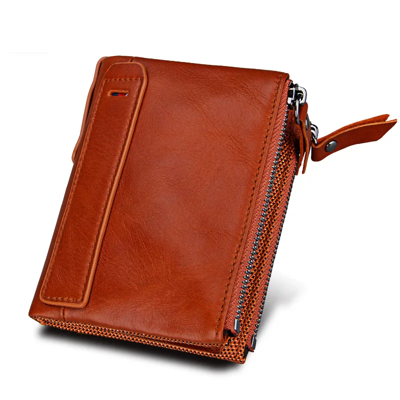 

Cowhide Men's Wallet Brush Leather Short Men's Ticket Holder Wallet Double Zipper Coin Purse