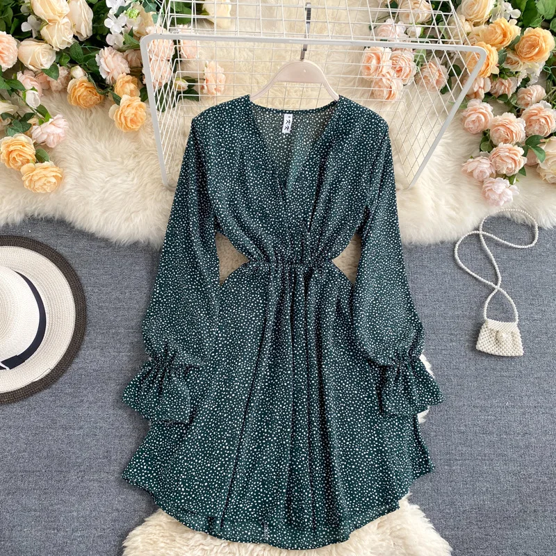 

Ladies 2021 New Spring Summer Casual Dress High Waist Loose V Neck Print Chic Temperament Long Sleeve Women's Dress