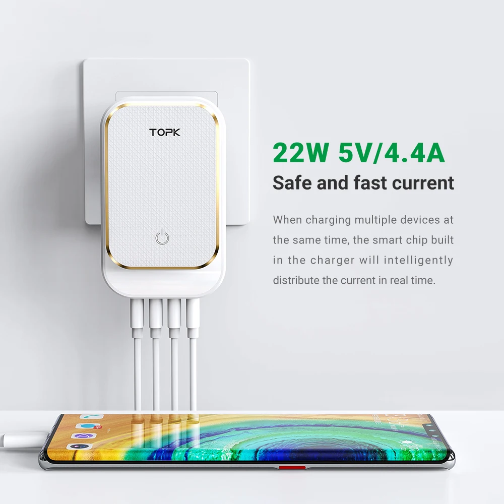 topk b4405 4 port 4 4amax 22w eu usb charger adapter led lamp auto id portable phone travel wall charger for iphone samsung free global shipping