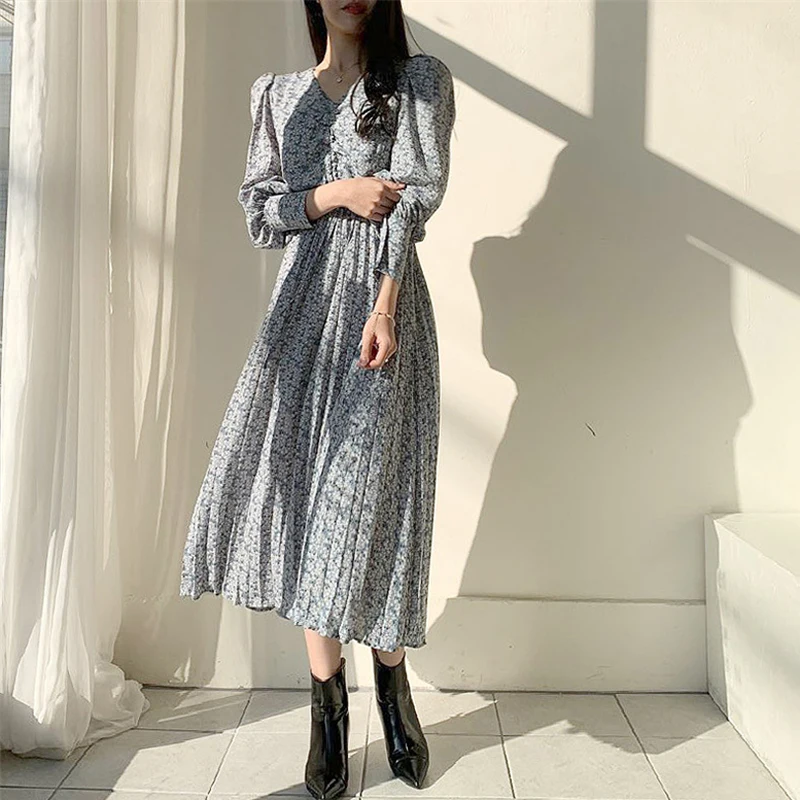 Шикарное женское платье BGTEEVER с цветочным принтом плиссированное V-образным