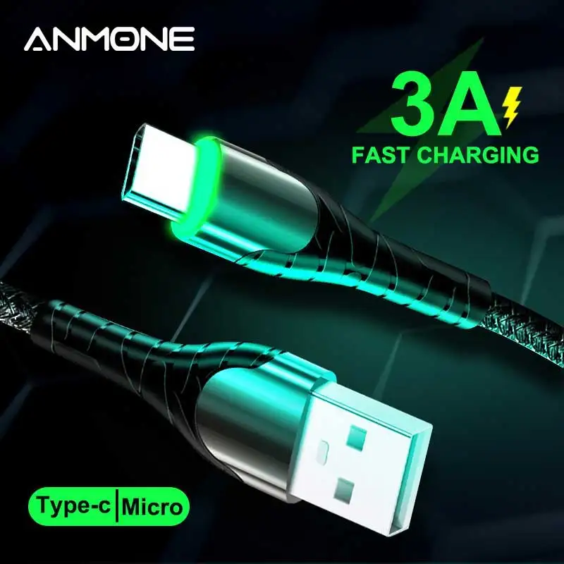 Кабель Micro USB Type C ANMONE 3A кабель быстрой зарядки USBC светодиодный для и передачи