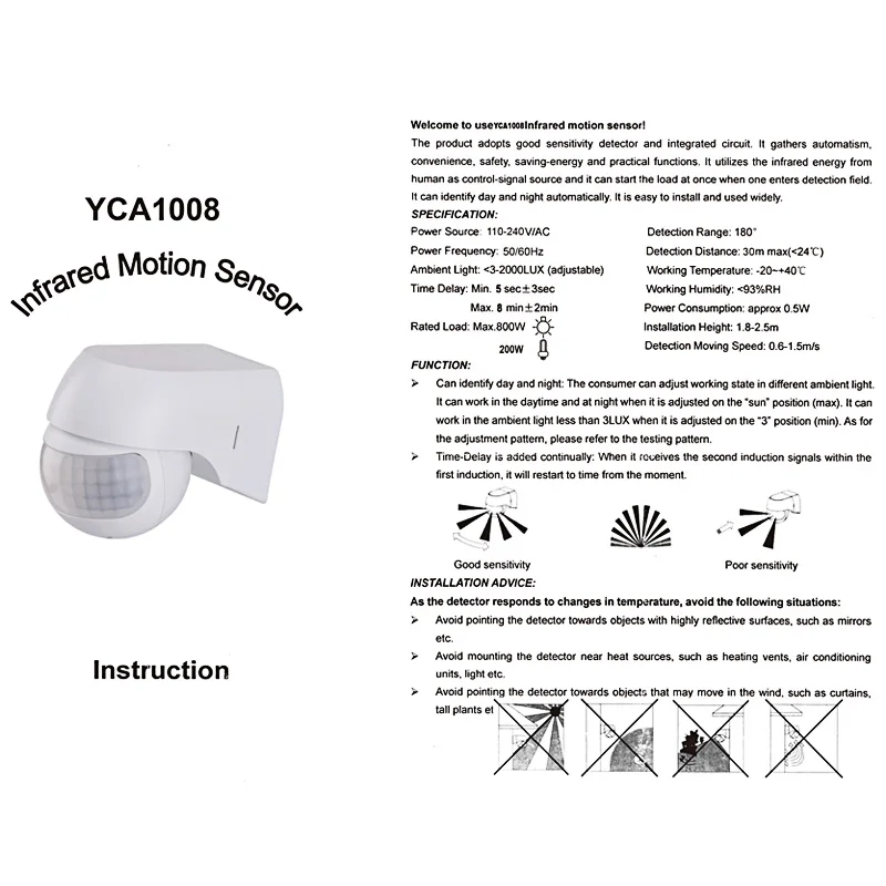 

New Motion Sensor 110v~230v Motion Detector Automatic Infrared PIR Sensor 180 Degree Rotating Outdoor Timer Light Switch
