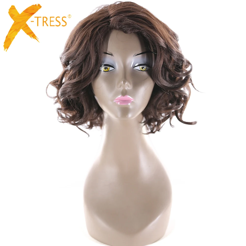 Bouncy кудрявые синтетические волосы парики боковая часть X-TRESS высокотемпературные волокна волос кусок Омбре коричневый цвет короткий парик-Боб для женщин