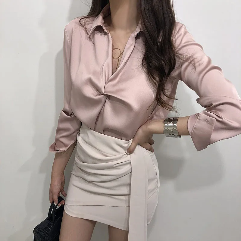 Осень 2019 модная женская Повседневная элегантная однотонная шифоновая блузка