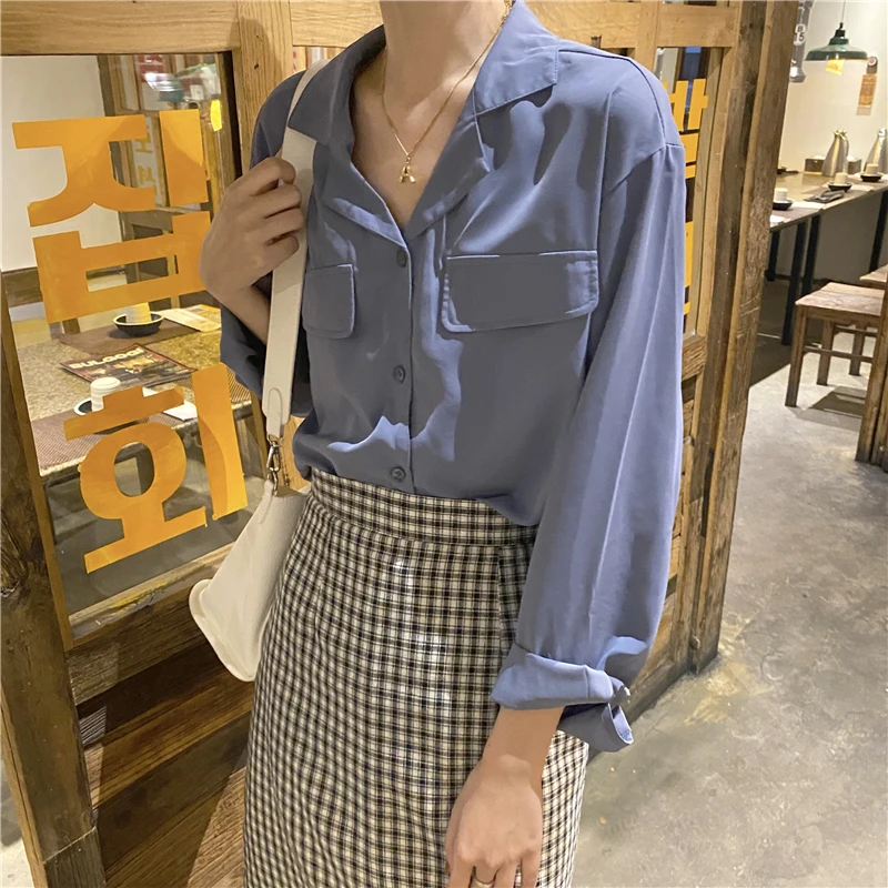 

Spring Summer 2021 Vintage Long Sleeve Blouse Shirts Women Korean Notched Two Pockets White Blue Thin Loose Tops Clothing Girls