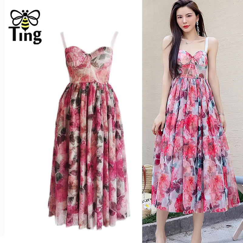 Женское вечернее платье Tingfly прозрачное на бретелях с высокой талией и цветочным