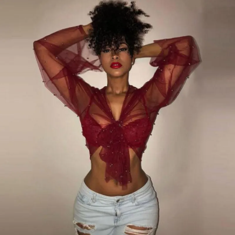 Женская прозрачная блузка с бусинами черная и красная ажурная сетчатая длинным