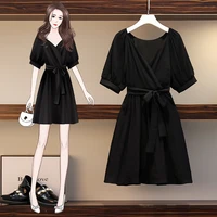 ehqaxin dresses for womens summer new style v neck bow lace up black a line dress female elegant casual party vacation m 3xl