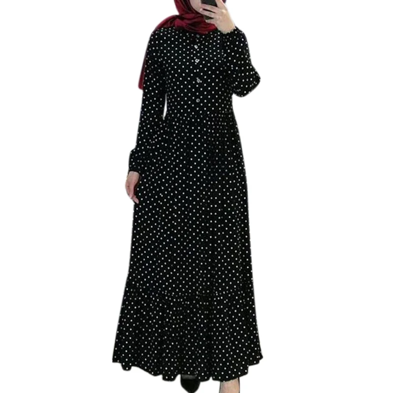 

Pleated Abaya Dress for Musliman 2020 Dot Printed Ruffles Hem Fashion Ladies Long Sleeve O-neck Dresses Dubai Clothing