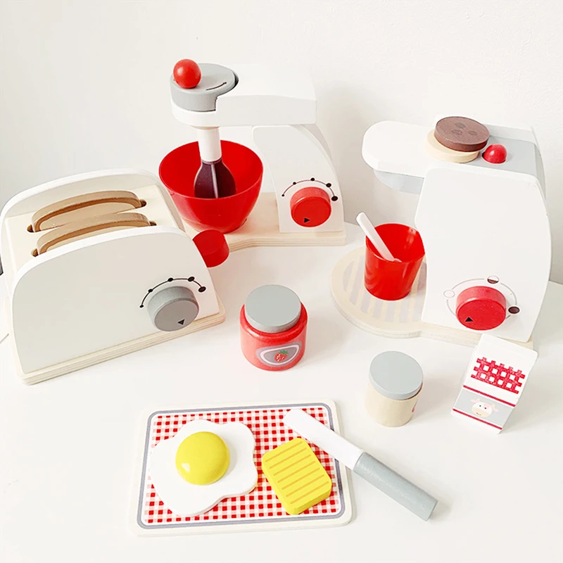 

Kids Wooden Pretend Play Sets Simulation Toasters Bread Maker coffee machine Blender Baking Kit Game mixer Kitchen role toy