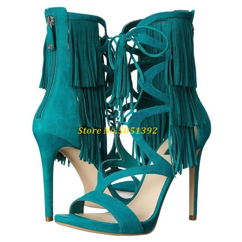 

Tassel Women Sandals High Vamp Lace Up Gladiator Shoes Hollow Cut Out Zipper Mid Calf Fringe Sandal Boots Summer Women Shoes