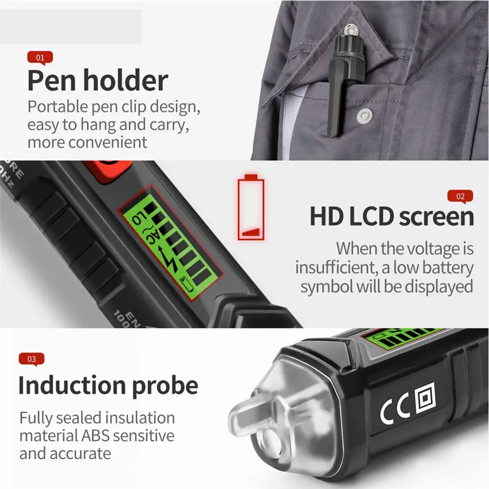 

Non-Contact AC Voltage Tester/Voltage Tester Pen with Adjustable Sensitivity, LCD Display LED Flashlight 12V-1000V Buzzer Alarm