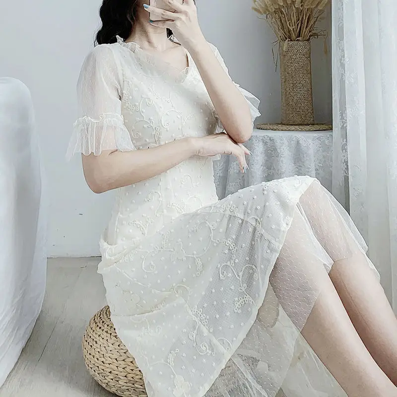 

2021 New Women Summer Dress Fashion Sweet Chiffon Mesh Beach Dress Casual Short Sleeve Slim Elegant Office Lady Party Dresses