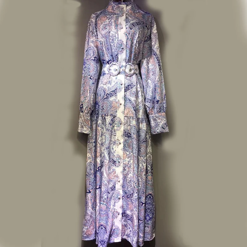 

IEQJ Women Retro Print Stand-up Collar Belt Pleated Puff Long Sleeve Robe Dress New Loose Fit Fashion Tide summer 2021 3F0368