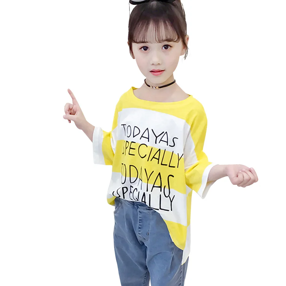 Летние футболки для девочек топ в полоску с буквенным принтом детская одежда