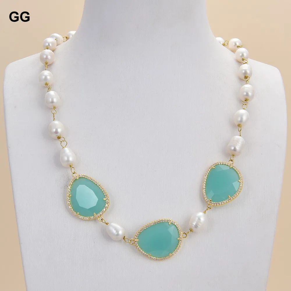 

GuaiGuai Jewelry 21" Natural White Rice Pearl Green Crystal CZ Pave Gold Color Plated Connector Chokers Necklace