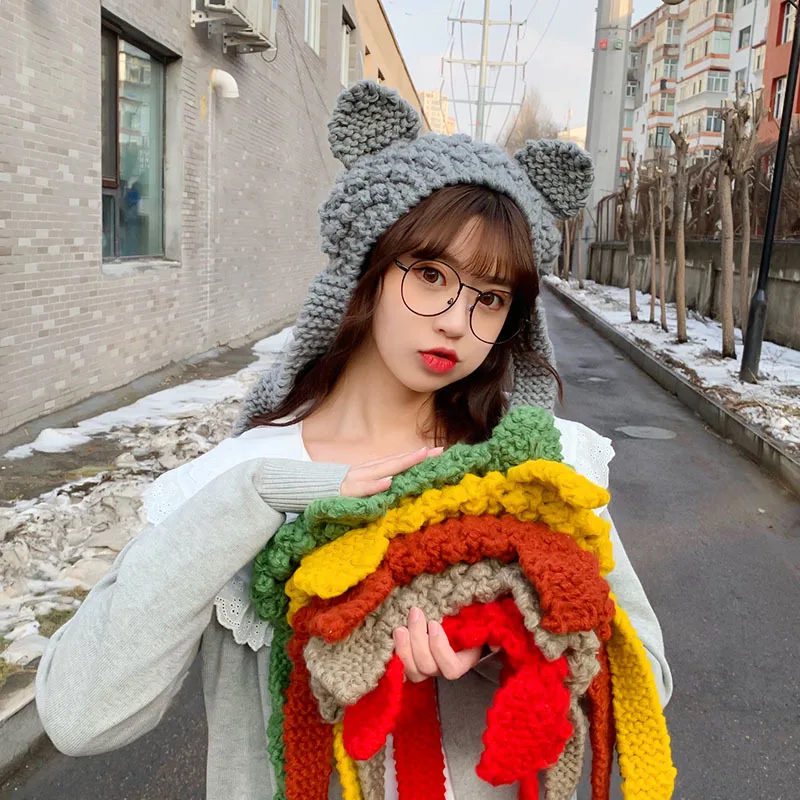 

Cat ears knitted woolen cap ladies autumn and winter cute earmuffs Korean student hats warm headgear