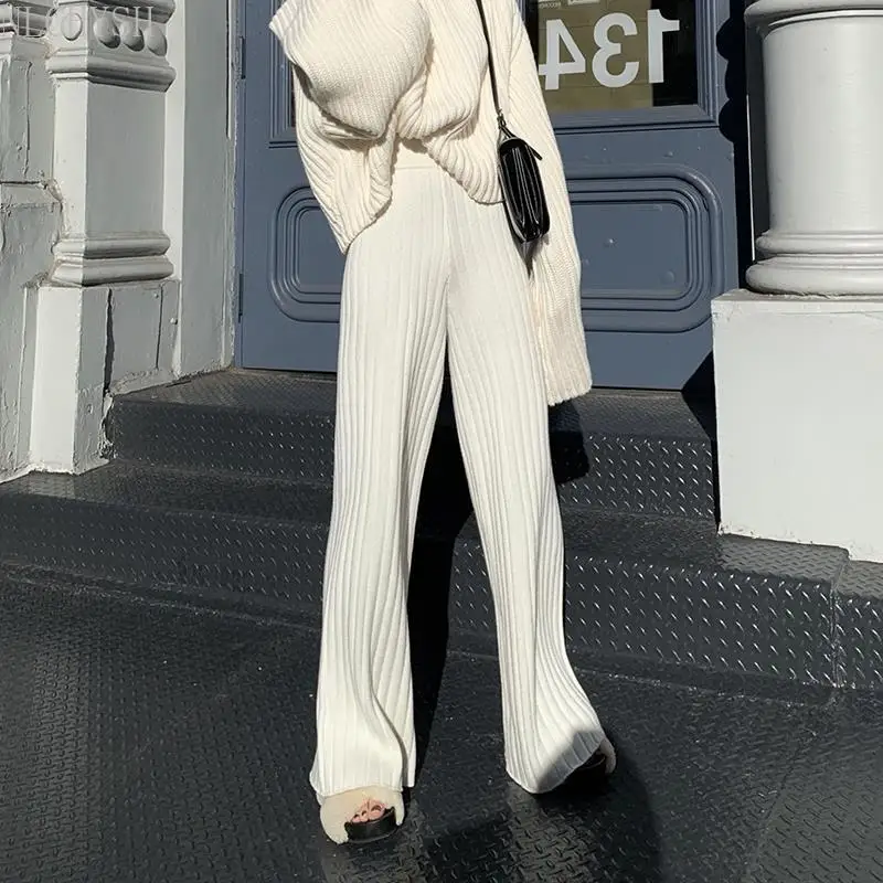 

Casual Warm Loose Floor-length Sweater Pants for Women Autumn Winter High Waist Wide Leg Knitted Trousers Femme 2021