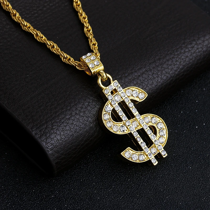 

2021 Hip Hop One Piece Dollar Sign Pendant Necklace Men's Pendant Chain Around The Neck 4mm Rope Chain Jewelry