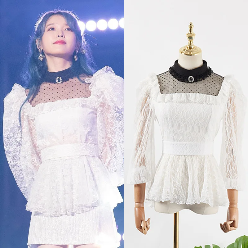 

Kpop Korean Celebrity Women New Fashion Lace Patchwork Solid Shirt Ladies Office Slim Stand Collar Blouse Sexy perspective Tops