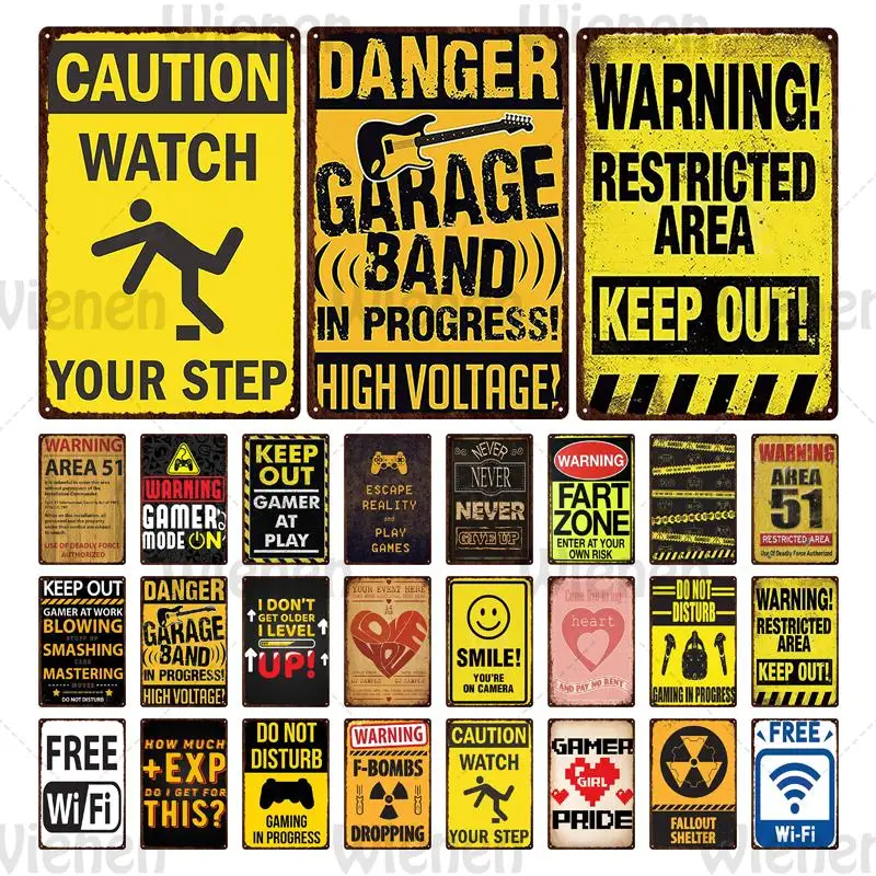 

Vintage Plaques Free WiFi Metal Sign Danger Notice Text Warning Tin Sign Iron Plate Factory Workshop Man Cave Public Area Decor