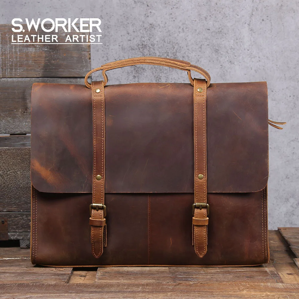 

S.WORKER Vintage Genuine Leather Men's Briefcase Laptop Cowhide Messenger Bag Crazy Horse Leather Handbag Retro British Style