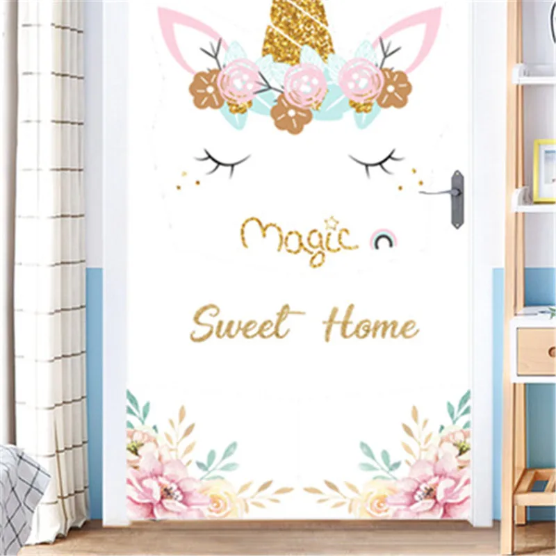 Розовая наклейка на дверь в виде единорога для детской комнаты домашний декор