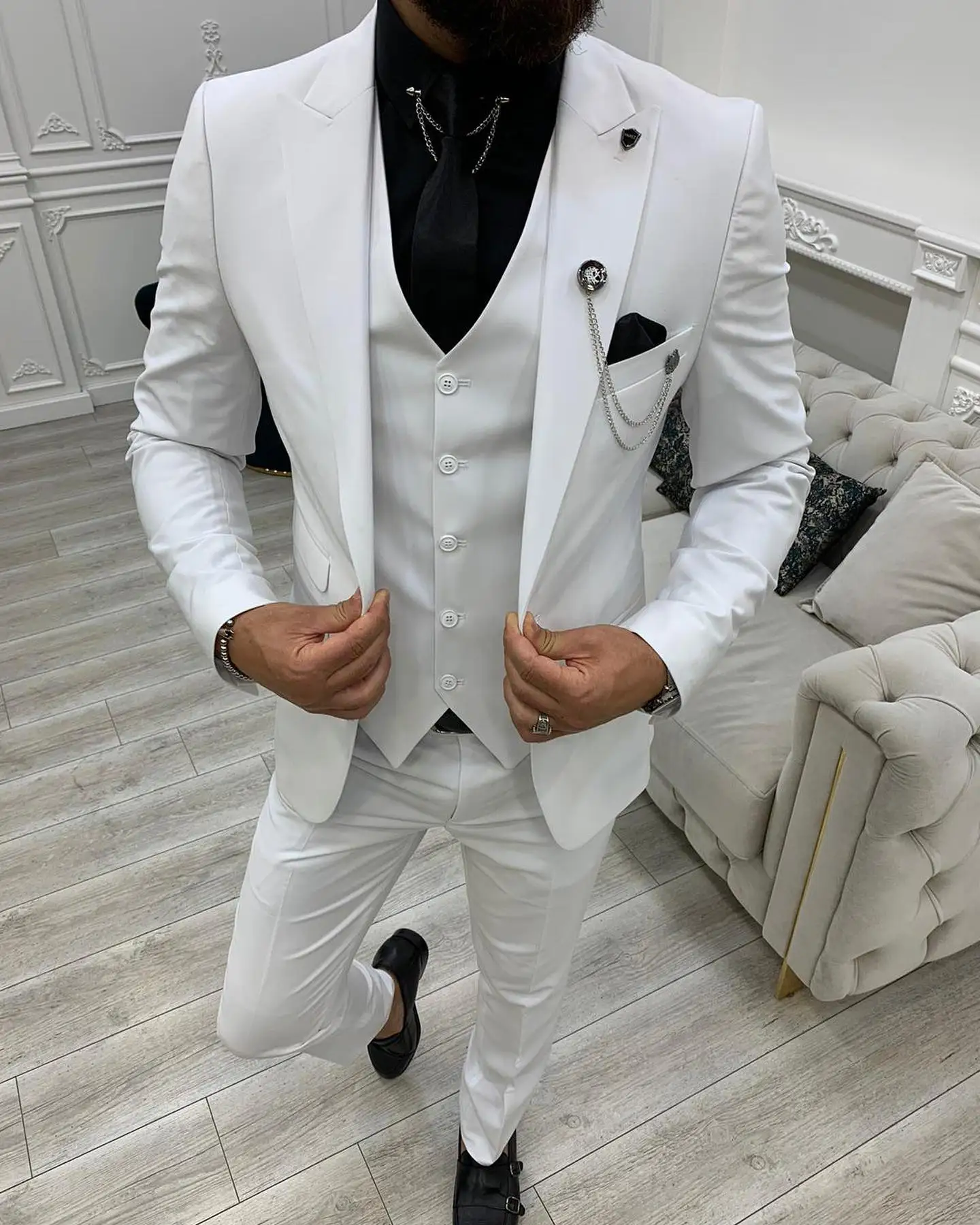 Traje blanco para hombre, conjunto de chaqueta ajustada de talla estándar, esmoquin (chaqueta + pantalón + chaleco), novedad de 2022