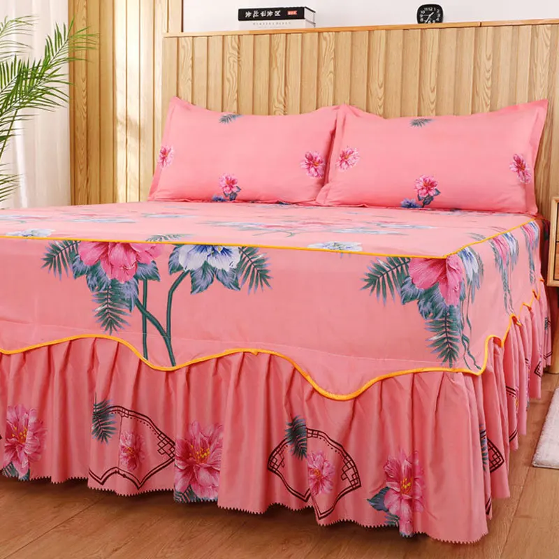 

3Pcs/Pack Bed Skirt Pillowcases Set Flowers Plaid Printed Bed Skirt with Pillow Cover for Household Double Bed Home Textiles