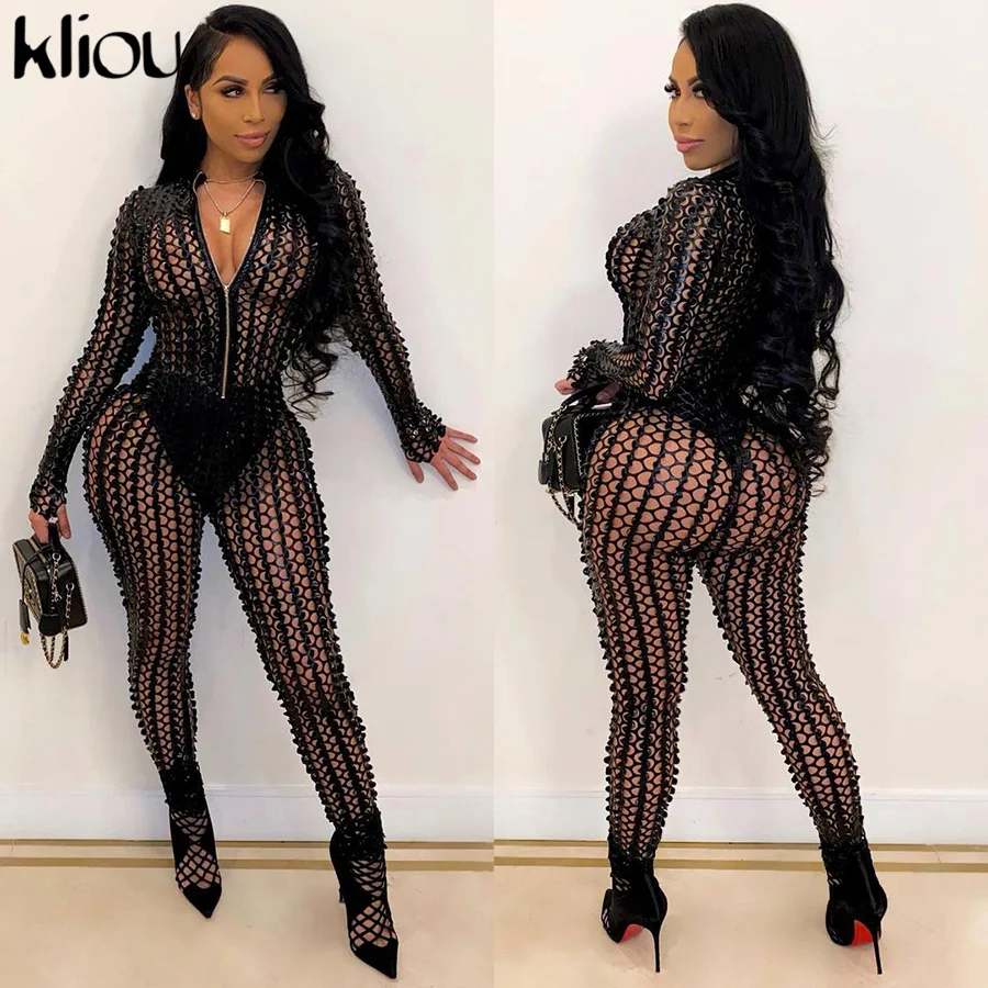 

Kliou Hollow Out Rompers Womens Jumpsuit Solid Hole Skinny Slim Streetwear 2021 Sexy Zipper One Piece party Clubwear Outfits