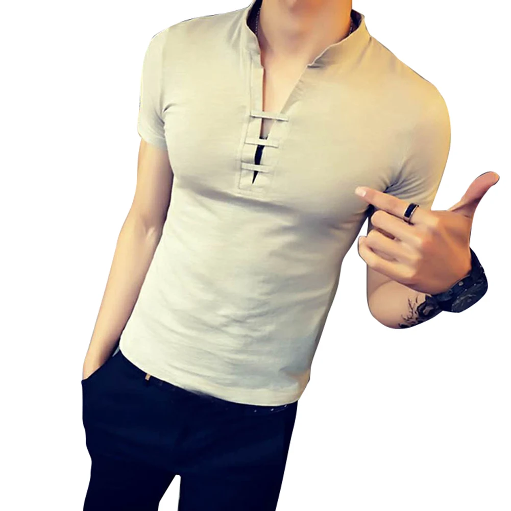 Модная Летняя мужская Однотонная футболка с v-образным вырезом и коротким