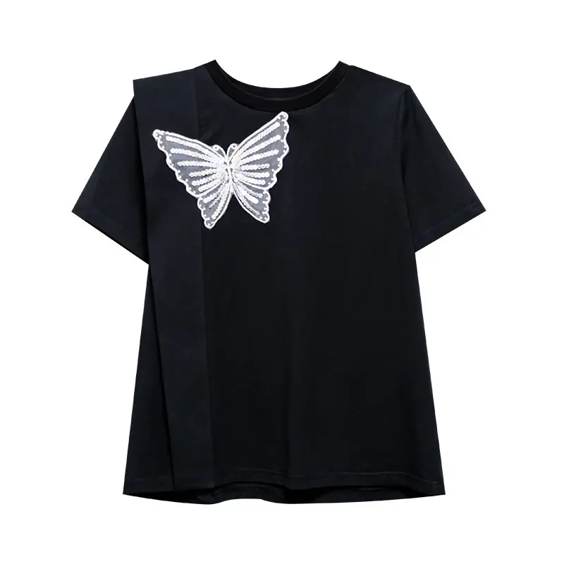 

XITAO Butterfly T Shirt Fashion New Women Pleated Pullover Goddess Fan Black White Patchwork 2021 Summer Loose Tee WMD0280