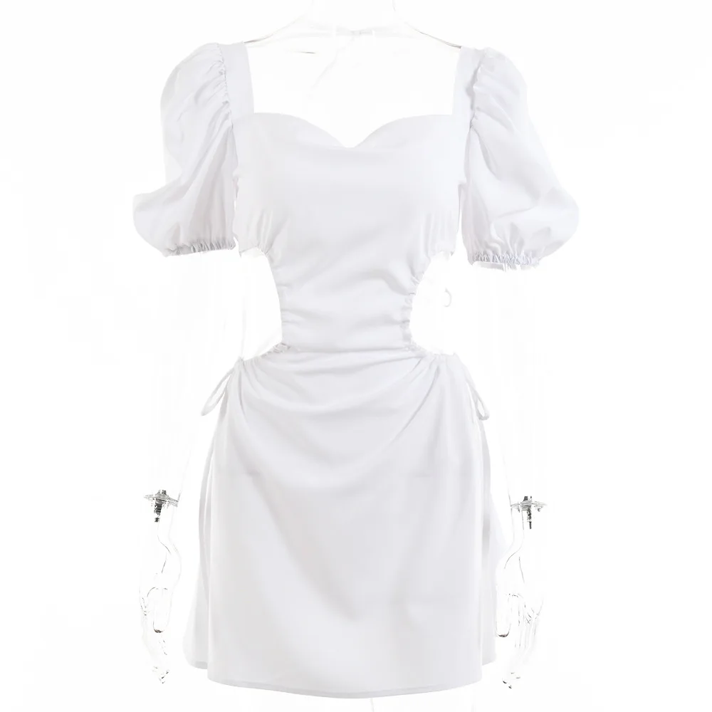 

Elegant Solid White Hollow Out Women Dress Casual Square Collar Lace Up Female Dresses Black High Waist Summer Dress Vestidos
