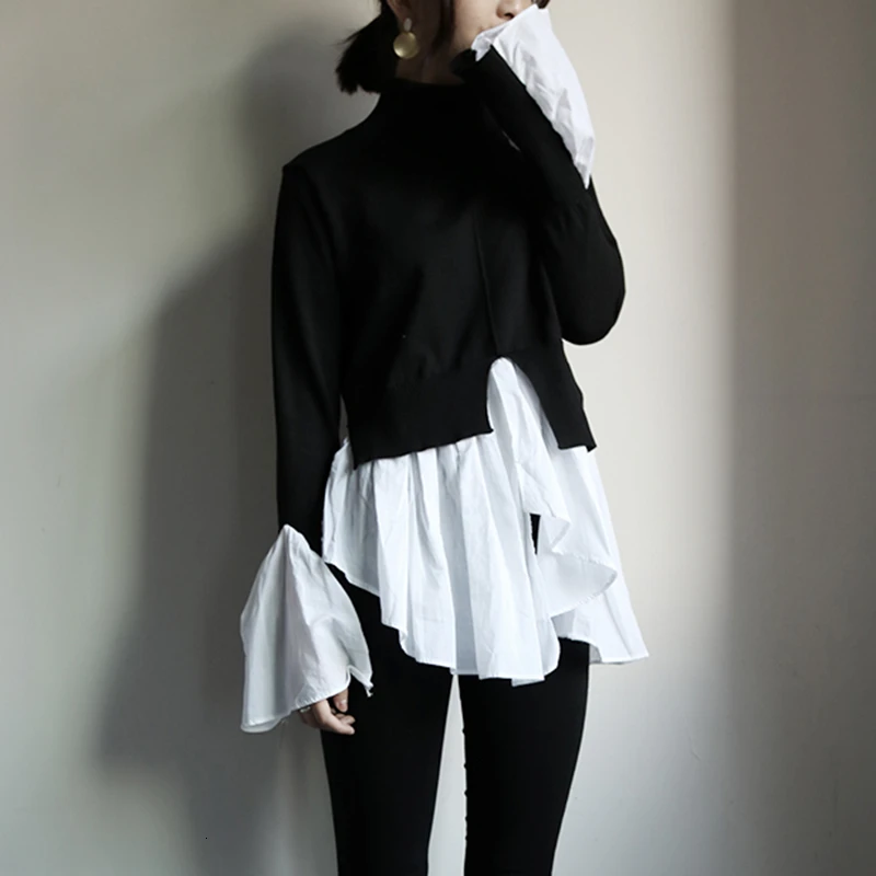 TWOTWINSTYLE хит цветной лоскутный женский свитер водолазка с расклешенными рукавами