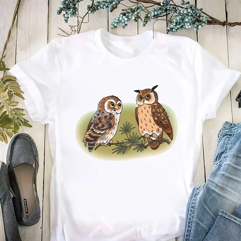

Tshirts Simple Cartoons Owl Graphic Summer Casual Tee Tshirt Basic T Shirts Women White Tops Female Short Sleeves T-shirt
