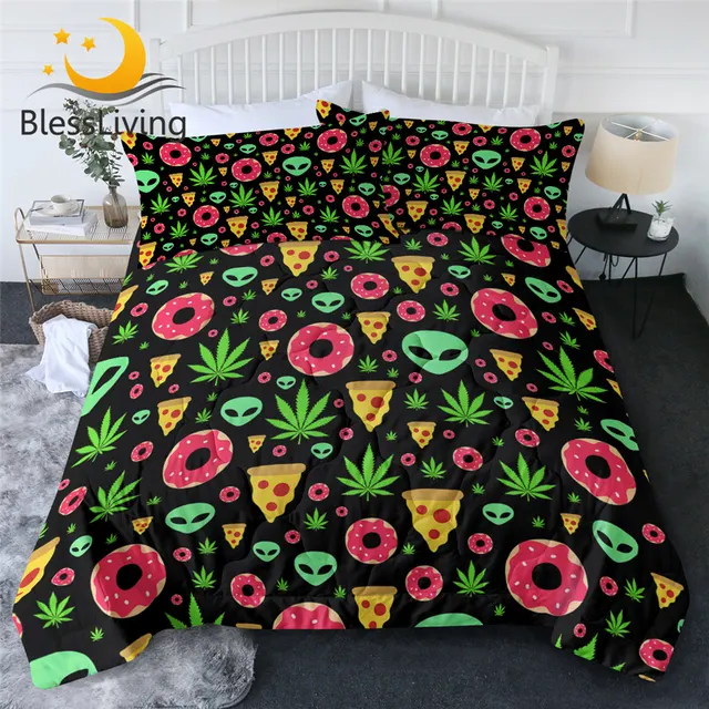BlessLiving Alien Cool Blanket Food Colorful Bedspread Donuts Pizza Air-conditioning Duvet Marijuana Leaf Summer Quilt Dropship 1