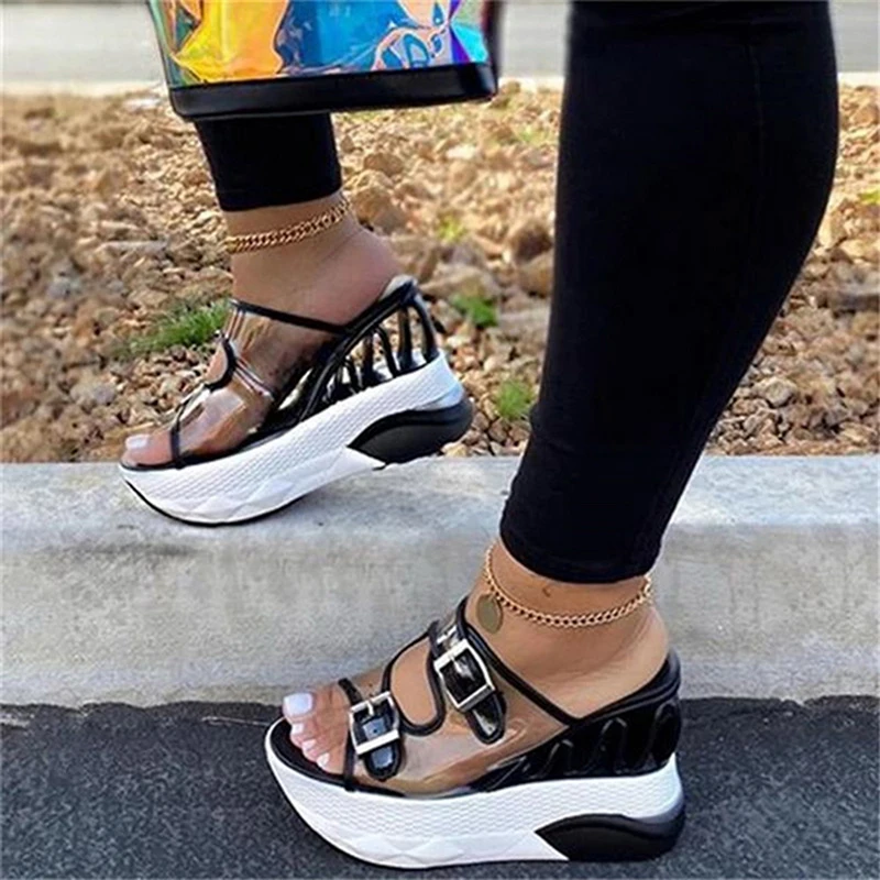 

2021 Summer Women Transparent Sandals Ladies Platform Wedges Sandals Fashion Casual Double Buckle Straps Outside Sandalias Mujer