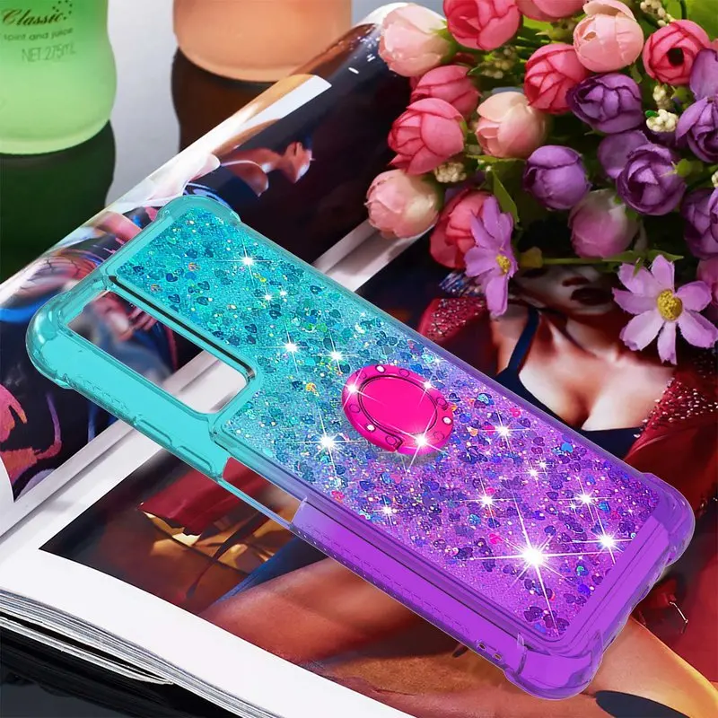 

Love Heart Quicksand Phone Case For Huawei P Smart 2021 Soft Silicone Cover For Huawei P Smart 2021 Y7A Finger Ring Back Cover