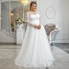 Элегантное Белое Тюлевое Свадебное платье с кружевом и длинными рукавами, женское Свадебное платье трапециевидной формы с пуговицами на спине