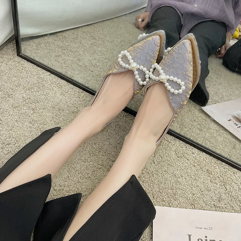 

Shoes Woman Comfortable And Elegant Pointed Toe Shallow Mouth Modis Female Footwear Soft Casual Sneaker Pearl Decorateion 2021 D