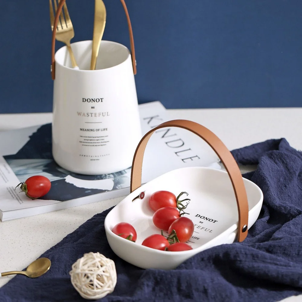 

Ceramics Specialty Plates for Food Leather Handle Ceramic Dishes Plate Tray for Decoration Cake Display Stand Dish Fruit Basket