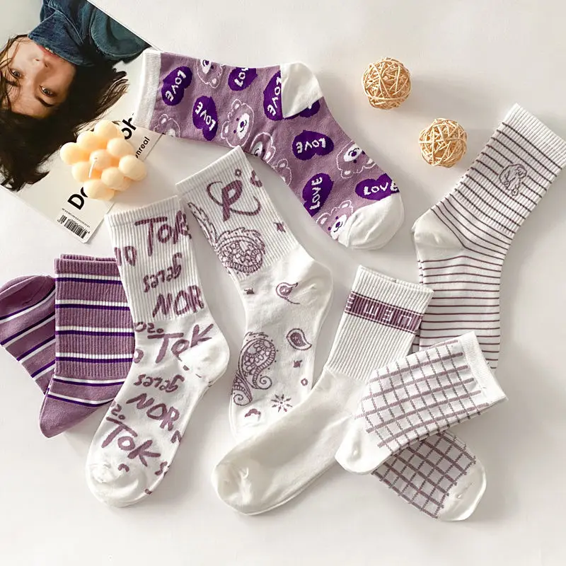 

5 Pairs Cute Cotton Socks Female Korean Style Stockings Japanese Cute Summer Letter Socks Harajuku Striped Long Purple Socks