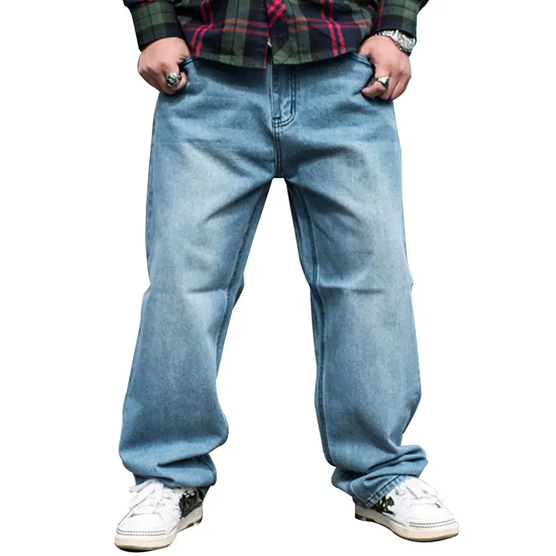 

2021 Men Jeans Loose Fit Mens Relaxed Wide Leg Denim Pants Straight Baggy Streetwear Hip Hop Skateboard Light Blue Trousers