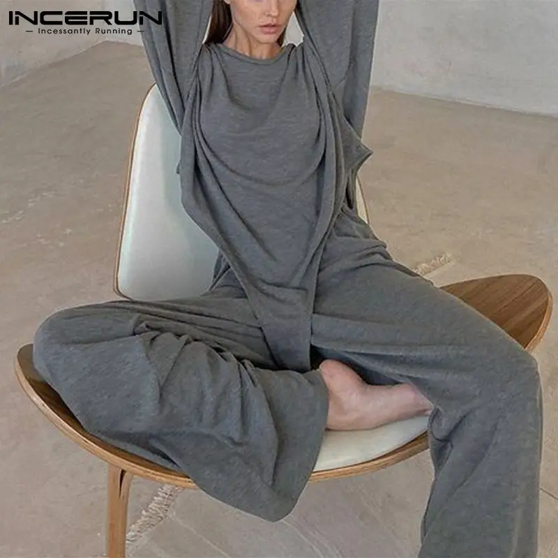 

Men Pajamas Sets Homewear Cozy Long Sleeve Irregular Tops & Pants Two Pieces Solid Color Loose Men Pyjamas Suits INCERUN S-5XL